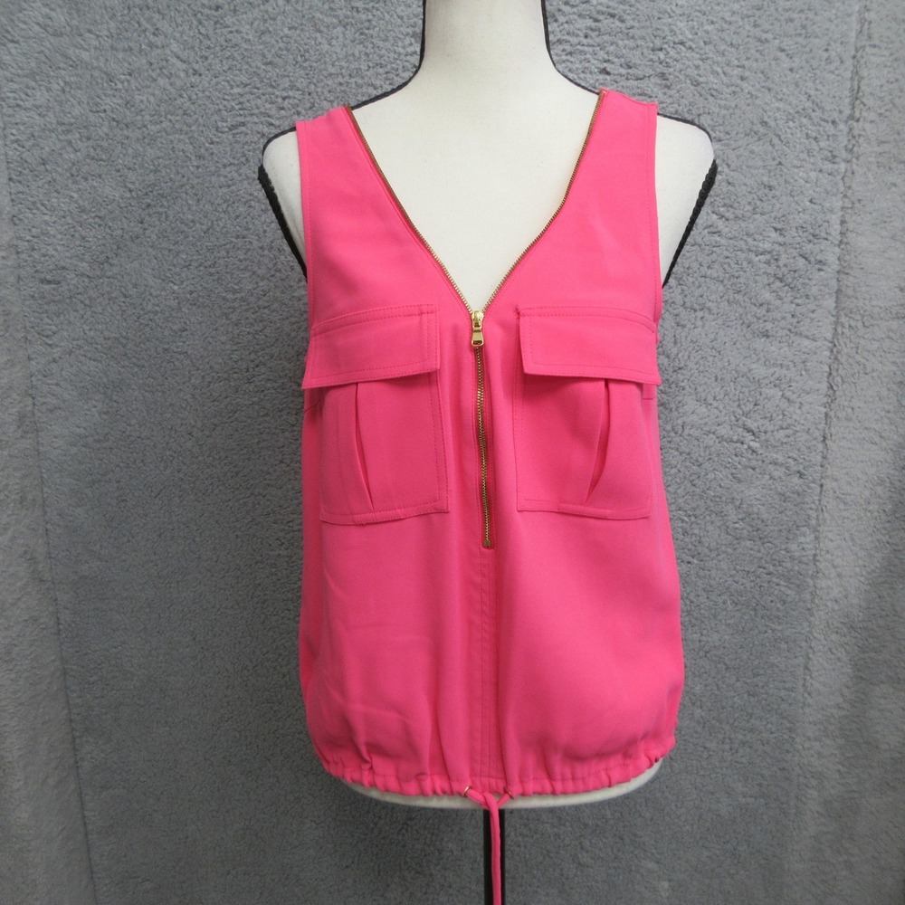 Trina Turk Sleeveless Shirt Women S‎ Pink Gold Zip Drawstring Hem Resort Coastal